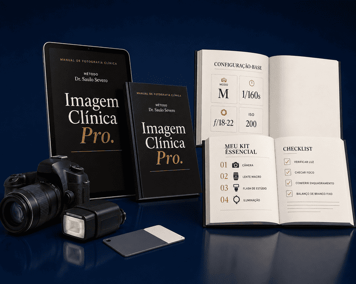 Oferta completa do Imagem Clínica Pro: tablet, livro, páginas internas, câmera e flash